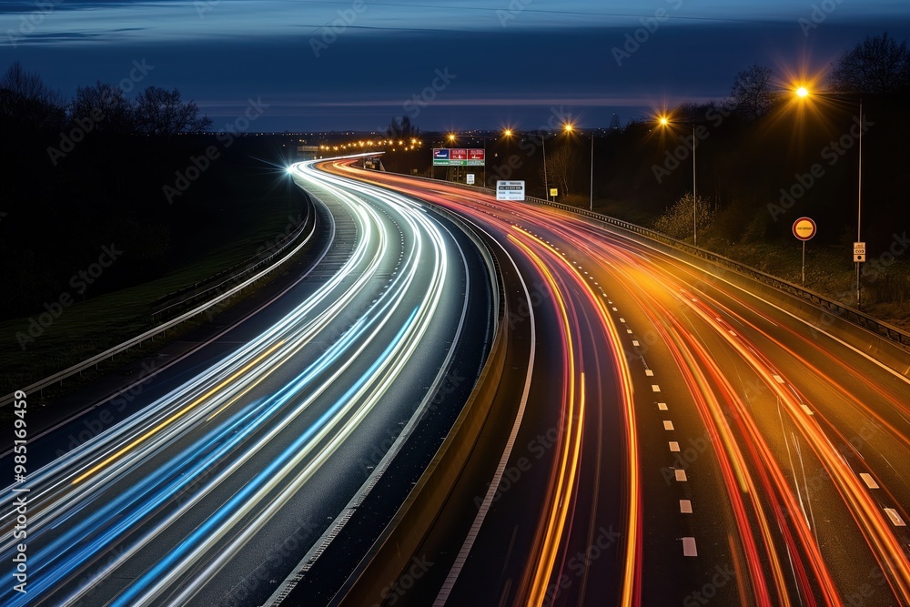 Fast moving traffic on M42 motorway at night creates trails on road. Red glow from headlights, dark background, speeding cars, vans, trucks. Highway, expressway, road, traffic, speed, fast, night, Fast moving traffic on M42 motorway at night creates trails on road. Red glow from headlights, dark background, speeding cars, vans, trucks. Highway, expressway, road, traffic, speed, fast, night,