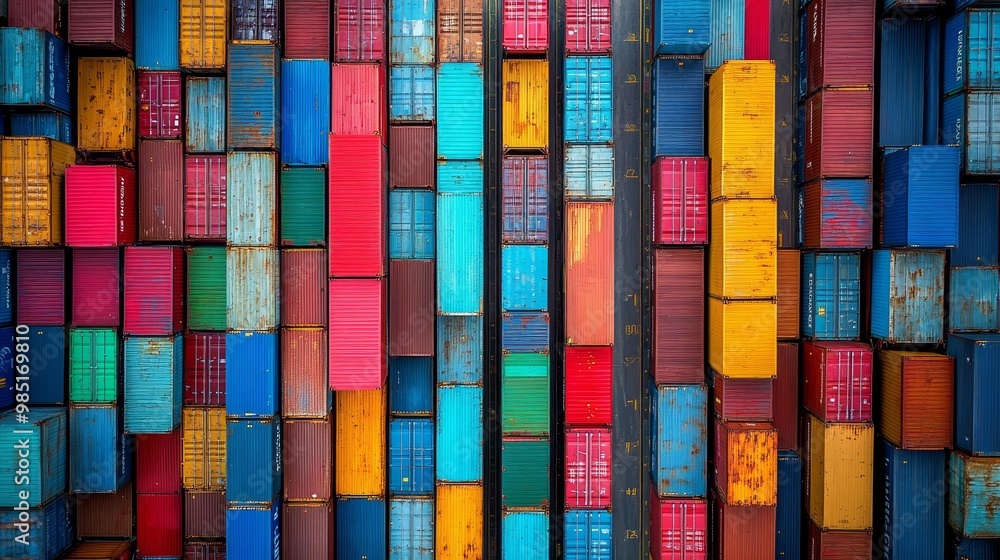 Aerial perspective showcasing a bustling port with neatly stacked shipping containers for trade Aerial perspective showcasing a bustling port with neatly stacked shipping containers for trade