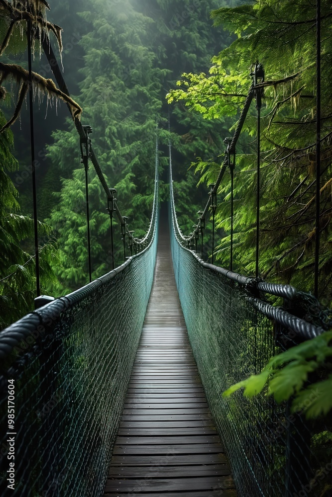 Fototapeta premium Suspension bridge spans across dense, rich forest in British Columbia, Vancouver Island. Dramatic, moody atmosphere with green foliage, tall trees. Green plants, mountainous landscape create serene,