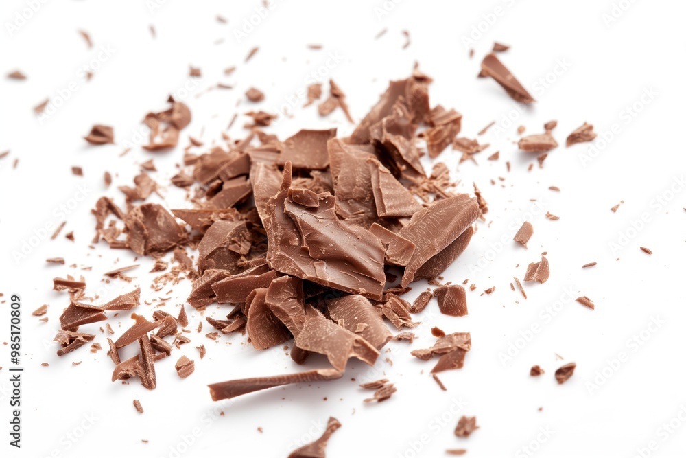 Fototapeta premium Close-up of milk chocolate shavings on white background. Shavings thin, rough, irregular in shape, with rich brown color characteristic of high-quality cocoa. Confection made from natural
