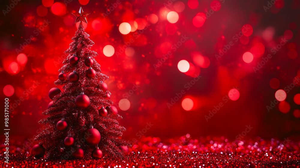 Beautifully decorated Christmas tree adorned with red ornaments, topped with a star, set against a vibrant red bokeh background and surrounded by sparkling red glitter Beautifully decorated Christmas tree adorned with red ornaments, topped with a star, set against a vibrant red bokeh background and surrounded by sparkling red glitter