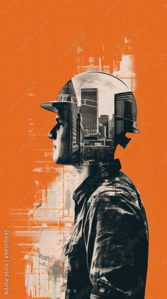 Double exposure of engineer in helmet with urban cityscape for architectural and design concepts AI Double exposure of engineer in helmet with urban cityscape for architectural and design concepts AI