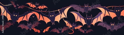 Spooky halloween night with flying bats banner design. AI photo