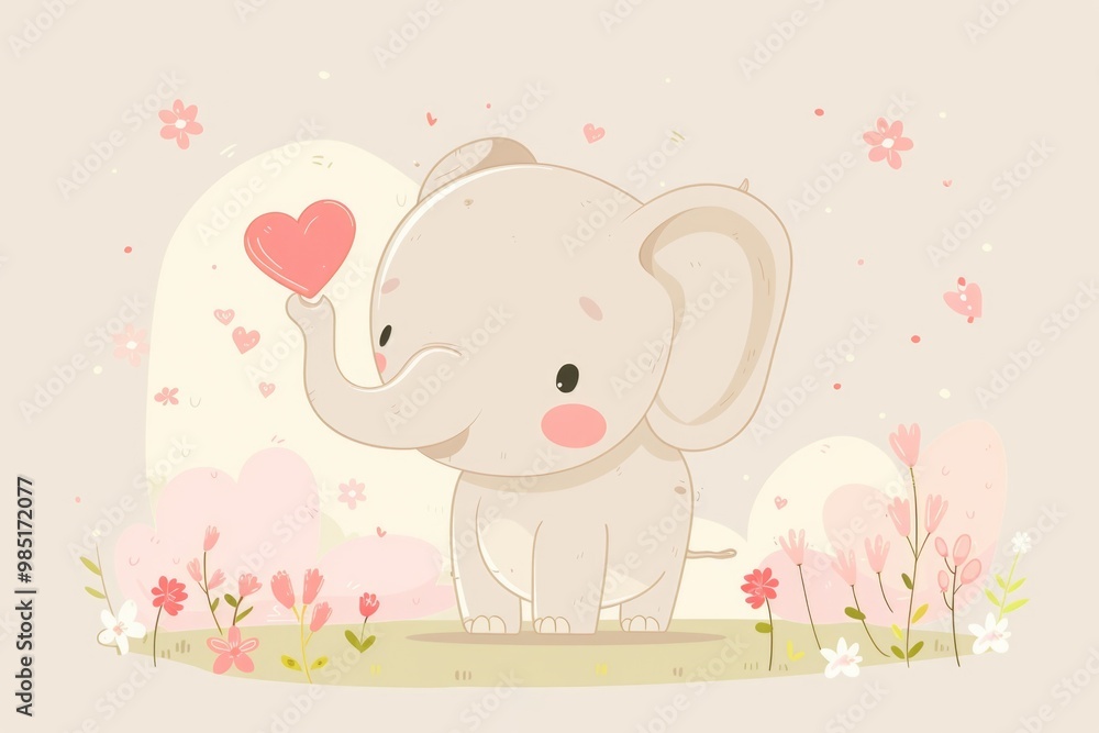 Fototapeta premium Cute elephant with heart balloon celebrating valentine's day in a floral setting. AI