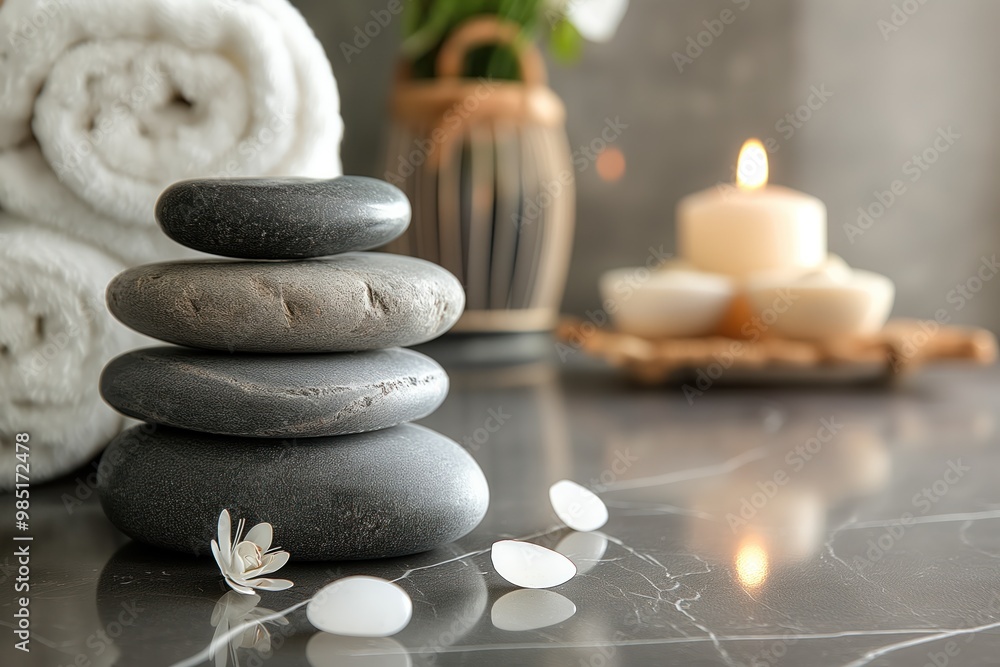 Grey marble table features arrangement of spa stones on mat. Candles, towels, and stick with aromatic scent create relaxing ambiance. Bokeh effect in background adds to serene atmosphere. Grey marble table features arrangement of spa stones on mat. Candles, towels, and stick with aromatic scent create relaxing ambiance. Bokeh effect in background adds to serene atmosphere.