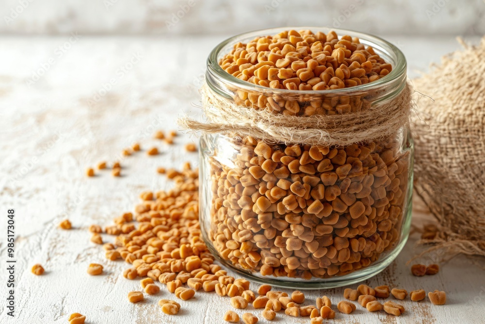 Glass Jar Filled with Fenugreek Seeds on White Wooden Surface Glass Jar Filled with Fenugreek Seeds on White Wooden Surface
