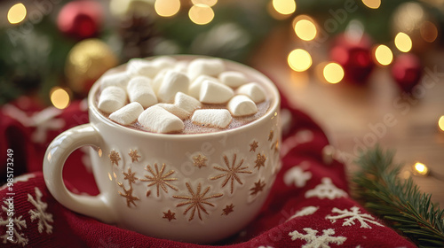 A mug of hot chocolate with marshmallows on top. The mug is decorated with snowflakes and the background has Christmas decorations