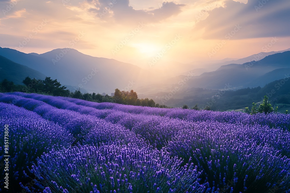 Obraz premium Scenic lavender field at sunset with mountains in background. Peaceful nature background.