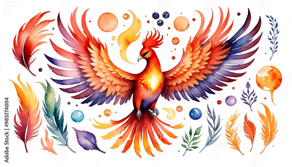 illustration phoenix character single white olated mythical watercolor character mystical background isolated fly bird tribal white hawk tattoo red eagle signs symbol feather template phoenix graphic
