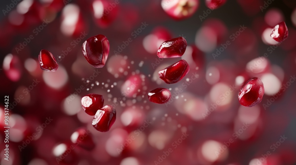 Dynamic close up of pomegranate seeds in motion capturing their vibrant color and texture Dynamic close up of pomegranate seeds in motion capturing their vibrant color and texture