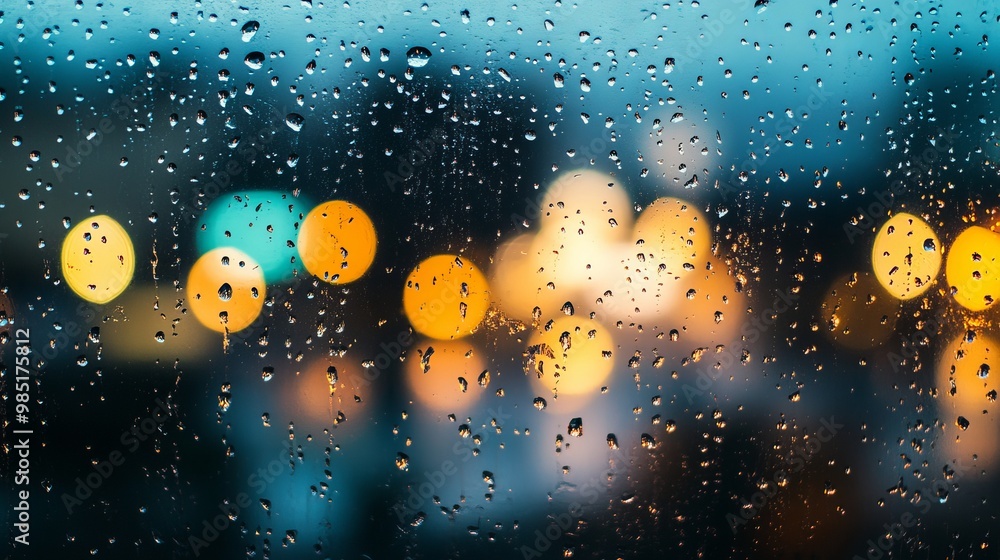 Looking out a window on a rainy night, you see the city lights blurring through the raindrops. The focus is on the water drops on the glass, making the city lights look like colorful dots. Looking out a window on a rainy night, you see the city lights blurring through the raindrops. The focus is on the water drops on the glass, making the city lights look like colorful dots.