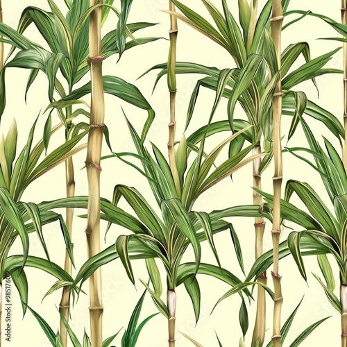 Tropical plants assembled on seamless textile repeat pattern. Sugar cane stalks, green leaves, yellow flowers arranged in beautiful botanical design. Perfect for summer decor, garden, nature