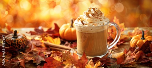 Autumn pumpkin spice latte with whipped cream amidst colorful fall leaves. AI