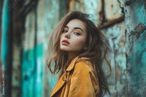 Young woman with long hair wearing a yellow jacket looking at the camera. Fashion portrait of a young woman.