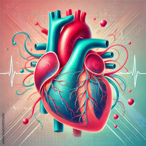 A realistic anatomical of the heart, featuring detailed cross-sections that show the main anatomical structures, including the atria, ventricle