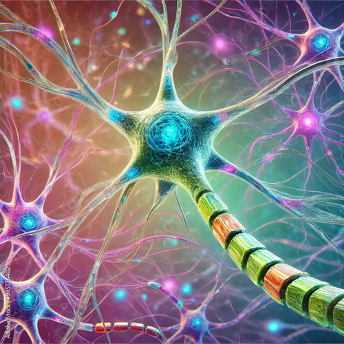  A realistic anatomical of neurons, showcasing cell bodies, dendrites, and axons with clear synaptic connections and axonal terminals