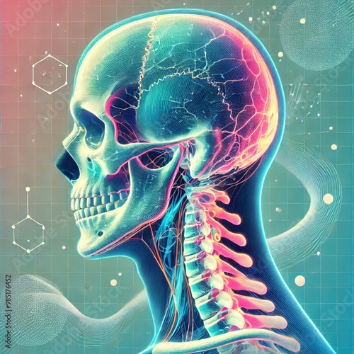 A realistic anatomical of the skeleton of the head and neck, including the skull, jaw, and cervical spine