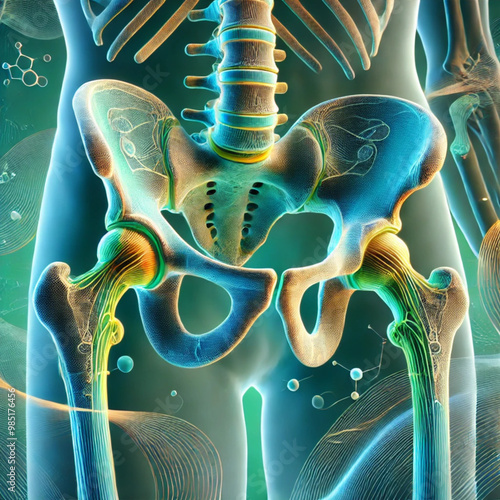 A realistic anatomical of the skeleton from the pelvis down to the feet, including the pelvis, femur, patella, tibia, fibula