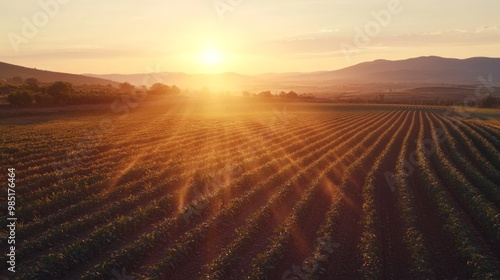 Aerial view of automated irrigation system in agricultural field at sunset for optimal harvesting