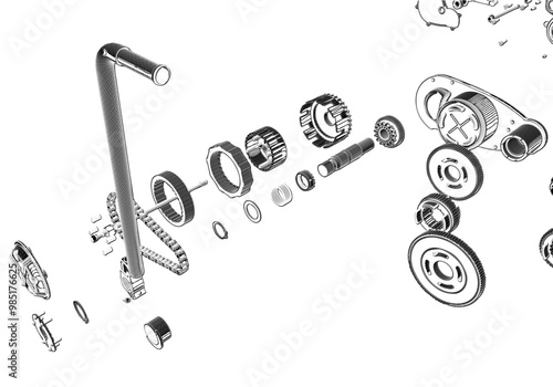 Disassembled engine on white background. Lots of details.