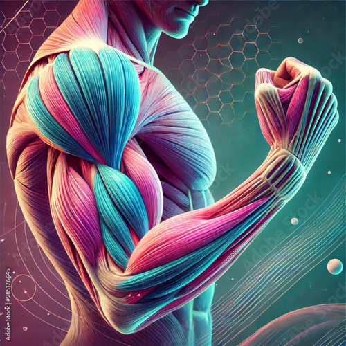 A realistic anatomical the muscles of the upper limb, including the biceps, triceps, deltoid, brachialis, and other key muscles