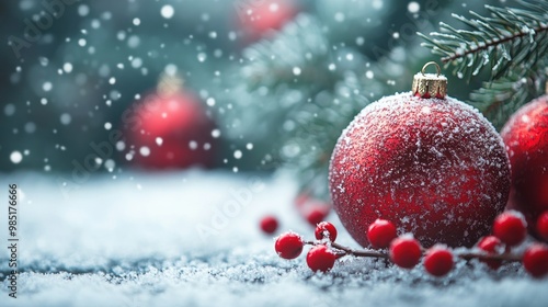 Red Christmas Ornament Covered in Snow on a Snowy Branch