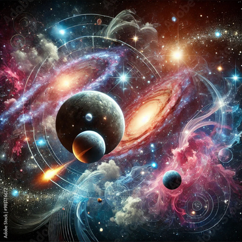 cosmic-themed montage featuring galaxies