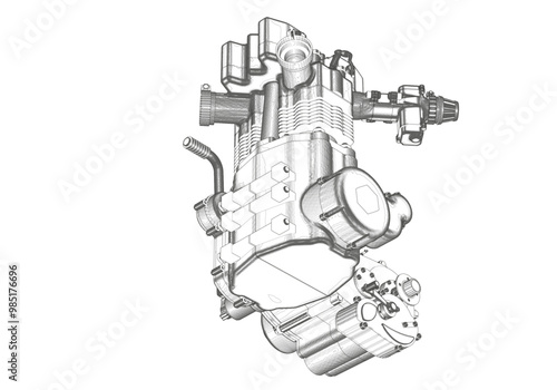 Black motorcycle engine on white background.