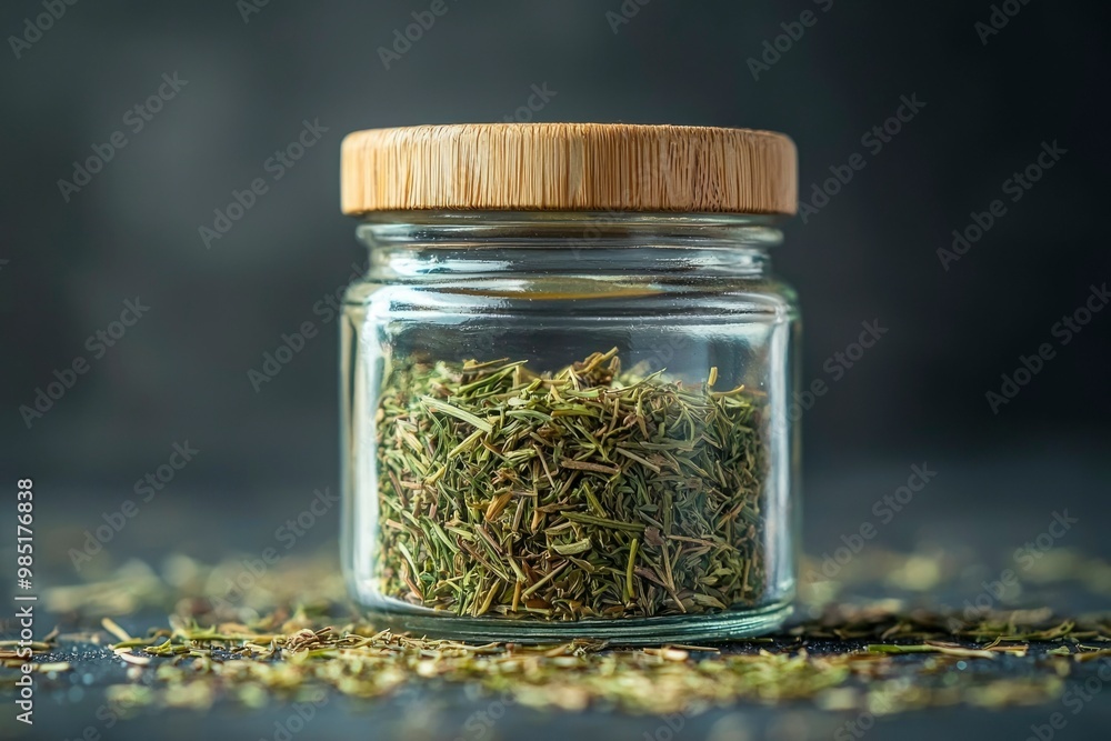 Glass Jar Filled with Dried Herbs on a Black Background Glass Jar Filled with Dried Herbs on a Black Background