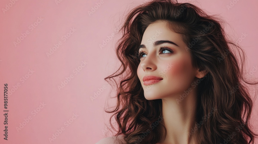 Elegant Woman with Curly Hair on Pink Background Elegant Woman with Curly Hair on Pink Background