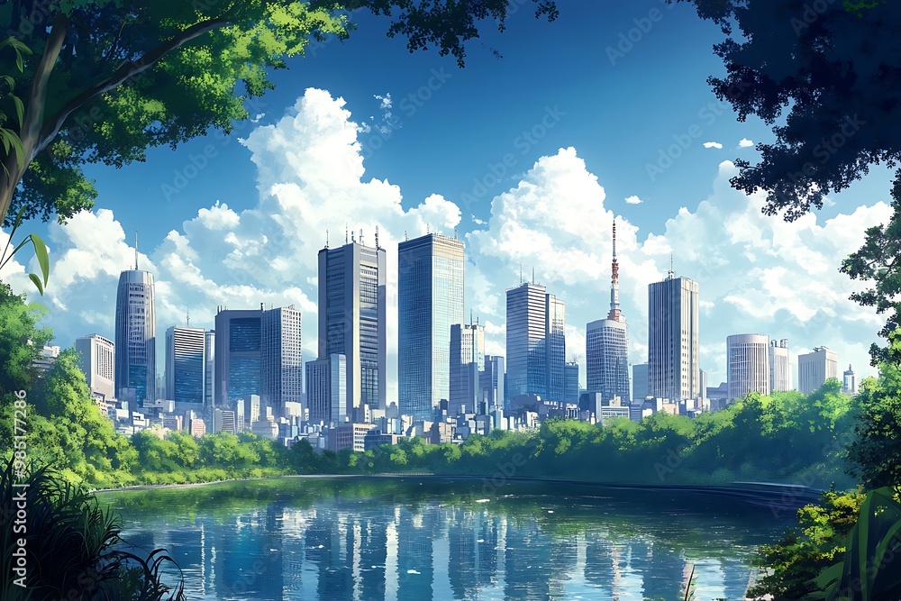 Fototapeta premium Anime Cityscape with Lake and Lush Green Trees, Digital Artwork
