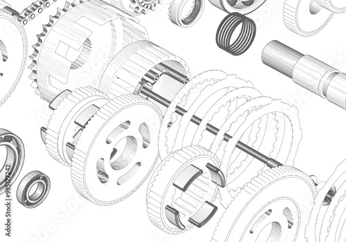 Disassembled engine on white background. Lots of details.