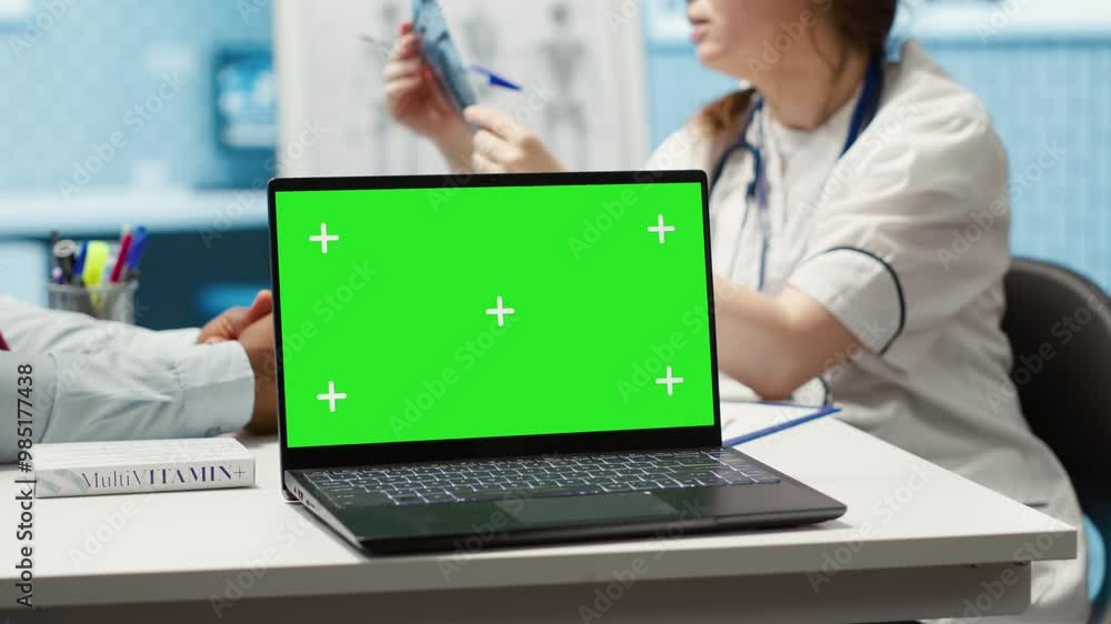 General practitioner and patient looking at green screen on device, recommending pills and drugs during check up visit. Diverse people discussing about diagnostics and remedy. Camera A. General practitioner and patient looking at green screen on device, recommending pills and drugs during check up visit. Diverse people discussing about diagnostics and remedy. Camera A.