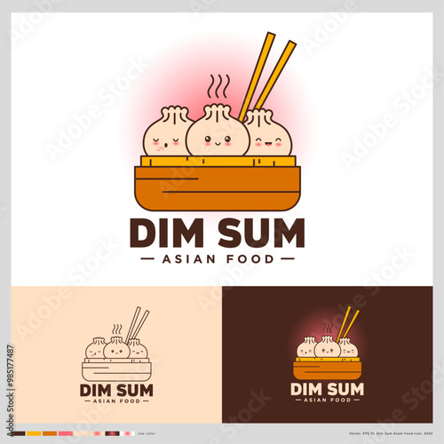Dim Sum Logo. Chinese restaurant emblem. Three kawaii dumplings with different emotions in traditional serving with chopsticks.