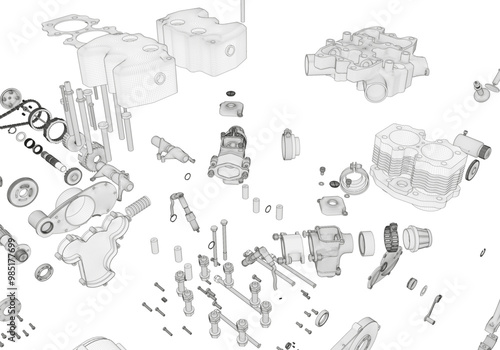 Disassembled engine on white background. Lots of details.