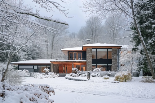 Modern house surrounded by snow-covered trees, winter landscape. Architectural building stands against icy, frosty backdrop, serene atmosphere. Snowflakes fall gently, natural beauty, peaceful scene.