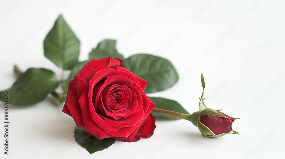 Naklejka premium Close-up of beautiful red rose flower on white background. Delicate petals, stem of rose are in focus, while background remains blurred. Rose appears fresh, fragrant, with slight sheen to its surface.