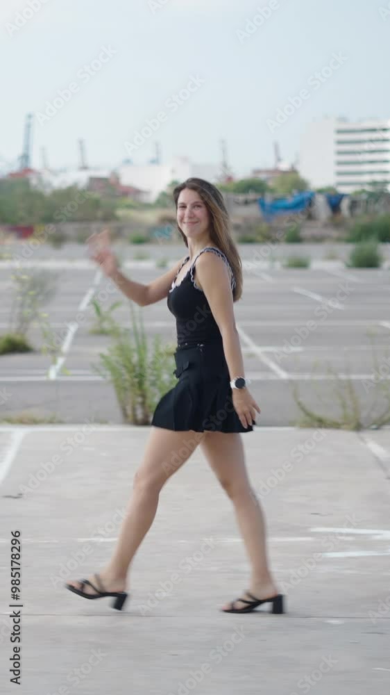Young Caucasian female in short black dress walking in profile and waving to camera in an industrial area on the outskirts near the port Young Caucasian female in short black dress walking in profile and waving to camera in an industrial area on the outskirts near the port