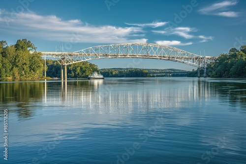 Decatur, Alabama cityscape with Steamboat Bill Bridge spanning Tennessee River. Beautiful blue sky above steel structure. Architectural landmark in city view with water below.