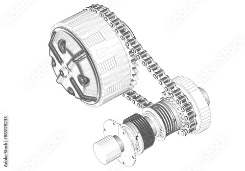 Motorcycle clutch, chain and shaft on white background.