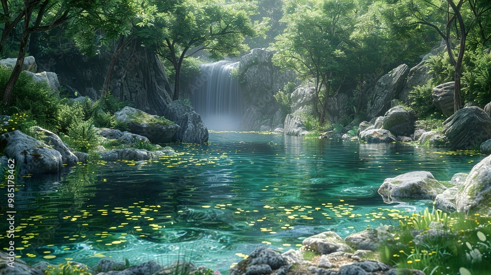Naklejka premium Serene Waterfall and Tranquil Lake in Lush Forest