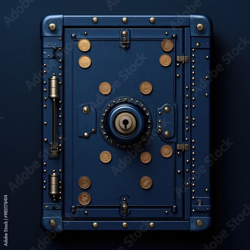 Blue steel safe door with gold accents and keyhole.