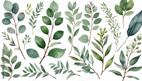 Obraz na płótnie border leaves buds eucalyptus spring composition watercolor botanic rbal greeting card dding leaf plant border tree branch eucalyptus card decorative design floral background green hand-drawn w salonie