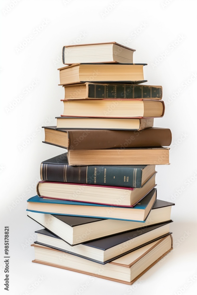 Stack of books isolated on white background. Old, hardcover books with paper covers, stacked high. Education, reading, and learning concepts. Text, page, and diary elements. Stack of books isolated on white background. Old, hardcover books with paper covers, stacked high. Education, reading, and learning concepts. Text, page, and diary elements.