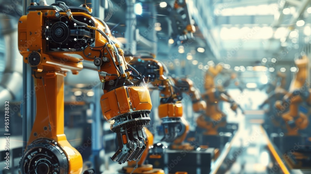 Advanced AI-powered industrial robots in a modern factory. Advanced AI-powered industrial robots in a modern factory.