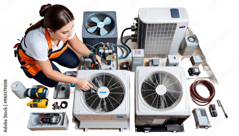 indoor professional worker air hvac technician occupation working female conditioning young unit woman technician electric female service men at work woman system maintenance conditioner air