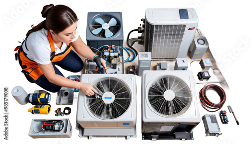 Obraz na płótnie indoor professional worker air hvac technician occupation working female conditioning young unit woman technician electric female service men at work woman system maintenance conditioner air w salonie