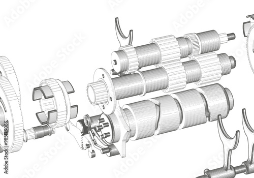 Disassembled engine on white background. Lots of details.