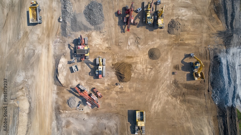 Fototapeta premium Aerial view of large construction site with numerous heavy machines. Earthmover vehicles, industrial equipment, and engineering work in progress. Sand and ground excavation, heavy industry activity.