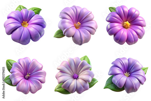 PNG petunia flower 3d collection, in cartoon style minimal on transparent, white background, isolate 